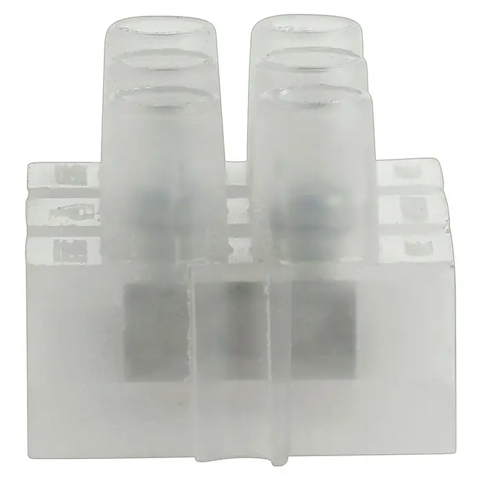 HellermannTyton Gelmuffe - Geeignet für: 3 x 0,5 bis 3 x 2,5 mm² - Nahaufnahme einer durchsichtigen 2-Wege-Drahtklemme, die zum einfachen und sicheren Verbinden von elektrischen Drähten verwendet wird.