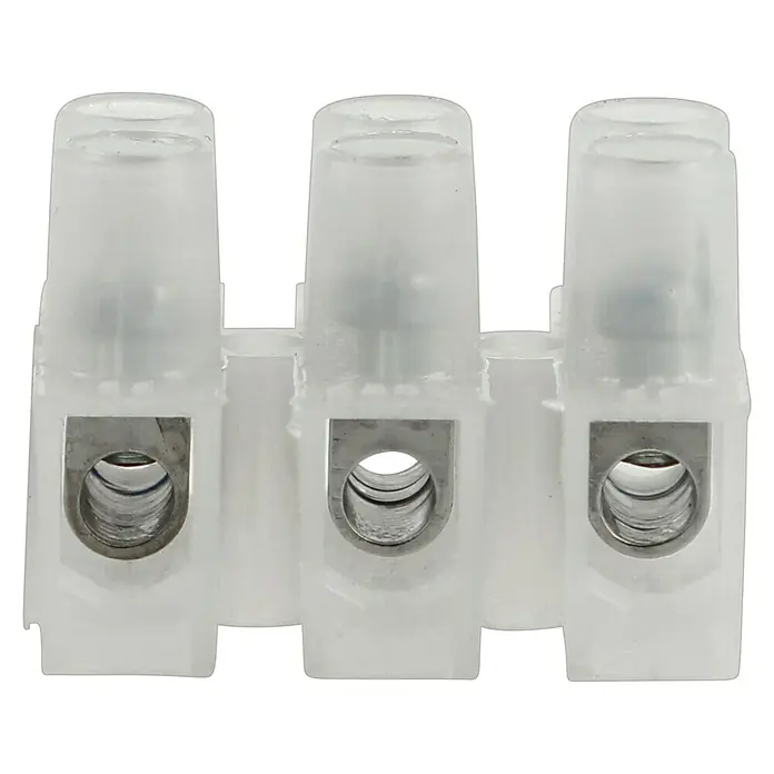 HellermannTyton Gelmuffe - Geeignet für: 3 x 0,5 bis 3 x 2,5 mm² - Nahaufnahme einer dreifachen transparenten Kabelklemme zur sicheren Verbindung von Drähten, ideal für Elektroinstallationen.