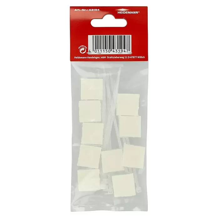 Set Kabelbinder & Kabelbinder-Klebesockel - Weiß, 100 x 2,5 mm - Selbstklebende Schaumstoffquadrate und weiße Kabelbinder in transparenter Verpackung.