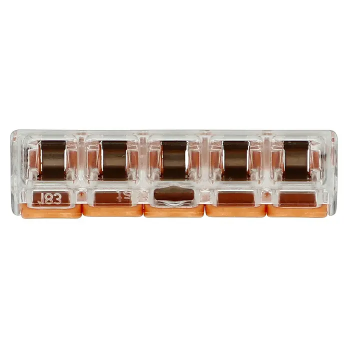 RayTech Gelmuffe Nano 5 - Schwarz, 1 Stk., IPX8 - Nahaufnahme eines Mehrfach-Federkraftklemme-Steckverbinders mit transparentem Gehäuse und orangefarbenen Betätigungshebeln.