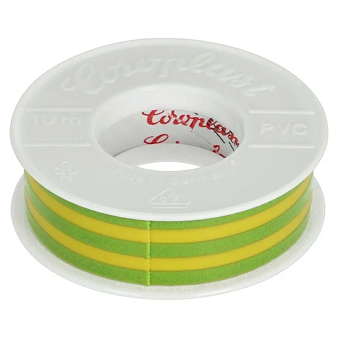 Coroplast Isolierband - Grün/Gelb, 10 m x 15 mm x 0,15 mm - Isolierband auf einer Rolle, grün und gelb gestreift.