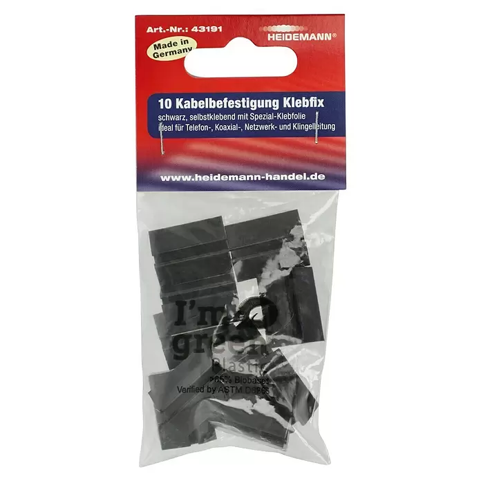 Heidemann Kabelhalter Klebfix 43191 - Weiß, 10 Stk. - Packung mit 10 schwarzen, selbstklebenden Kabelbefestigungen aus >85% biobasiertem Kunststoff.