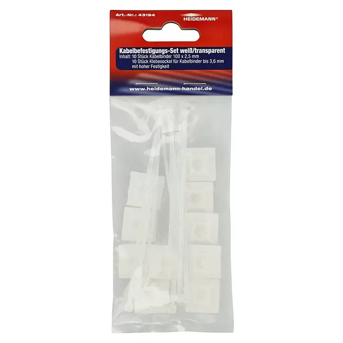 Set Kabelbinder & Kabelbinder-Klebesockel - Weiß, 100 x 2,5 mm - Weiß/transparentes Kabelbefestigungs-Set in transparenter Verpackung, mit Kabelbindern und Klebesockeln zur Kabelfixierung.