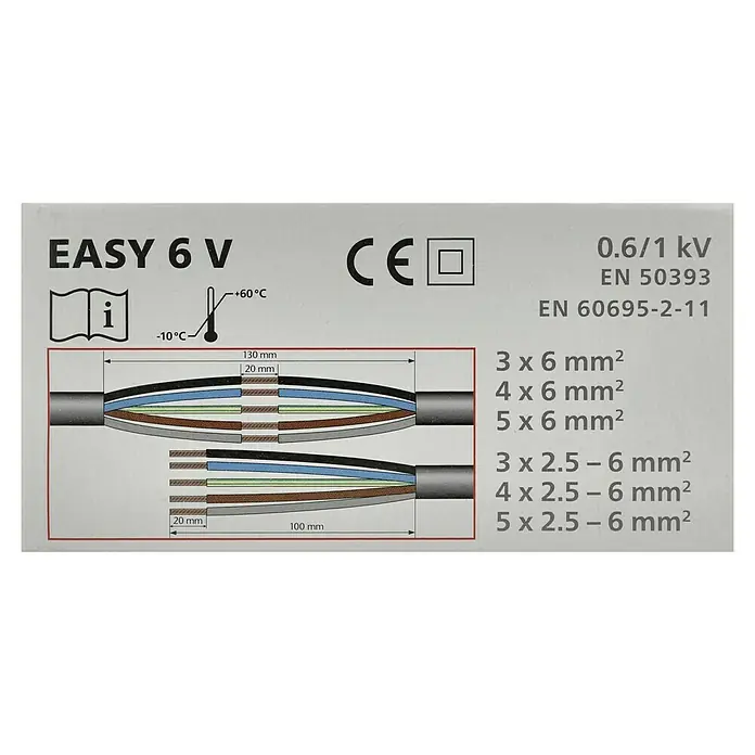 Cellpack Gelmuffe - Geeignet für: Max. 5 x 6 mm² - Abbildung eines Easy 6 V Kabels mit Kennzeichnungen zu Temperatur, Normen und Querschnitten.