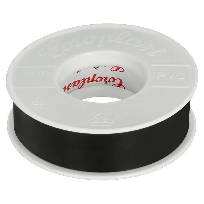 Coroplast PVC-Isolierband - 10 m x 15 mm, Schwarz - Rolle schwarzes Isolierband von Coroplast für elektrische Anwendungen, ummantelt mit weißem Kunststoff.