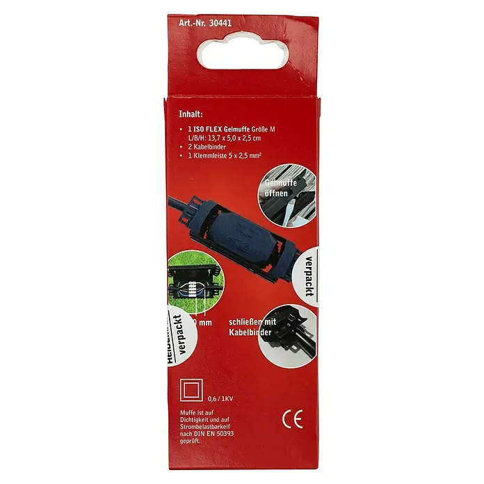 Heidemann Iso Flex Gelmuffe M - 137 x 50 x 25 mm, Trittfest - Bild der Produktverpackung für eine ISO FLEX Gelmuffe Größe M, inklusive Kabelbinder und Klemme.