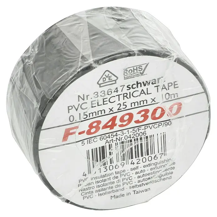 PVC-Isolierband - Schwarz, 10 m, 25 x 0,15 mm - PVC-Isolierband, selbstverlöschend, 0,15 mm x 25 mm x 10 m, ideal für elektrische Anwendungen. Geprüfte Qualität, Made in Taiwan.