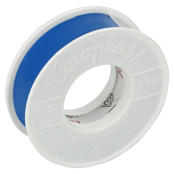 Coroplast PVC-Isolierband - 10 m x 15 mm, Blau - Nahaufnahme einer Rolle Coroplast PVC-Isolierband, blau, mit weißem Gehäuse, ideal für elektrische und Sanitäranwendungen.