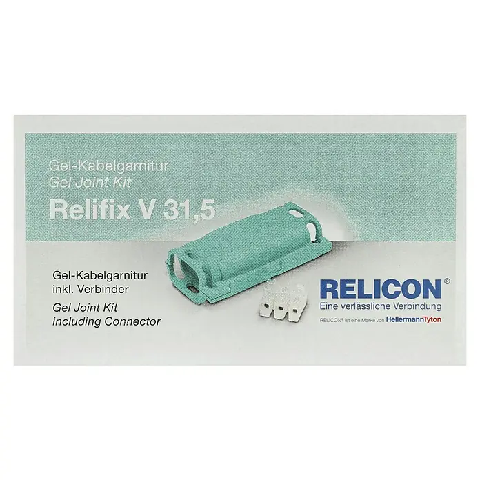 HellermannTyton Gelmuffe - Geeignet für: 3 x 0,5 bis 3 x 2,5 mm² - Abbildung eines Relifix V 31,5 Gel-Kabelgarnitur-Kits, inklusive Verbinder, von Relicon, einer Marke von HellermannTyton für zuverlässige Kabelverbindungen.