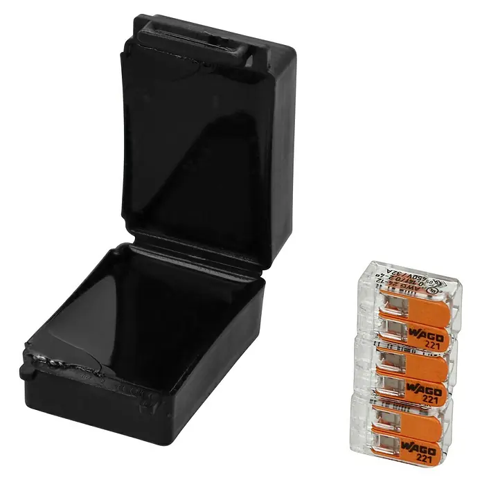 RayTech Gelmuffe Nano 6 - Schwarz, 1 Stk., IPX8 - Wago 221 Verbindungsklemmen mit Betätigungshebel in transparenter Verpackung neben schwarzem Gehäuse.