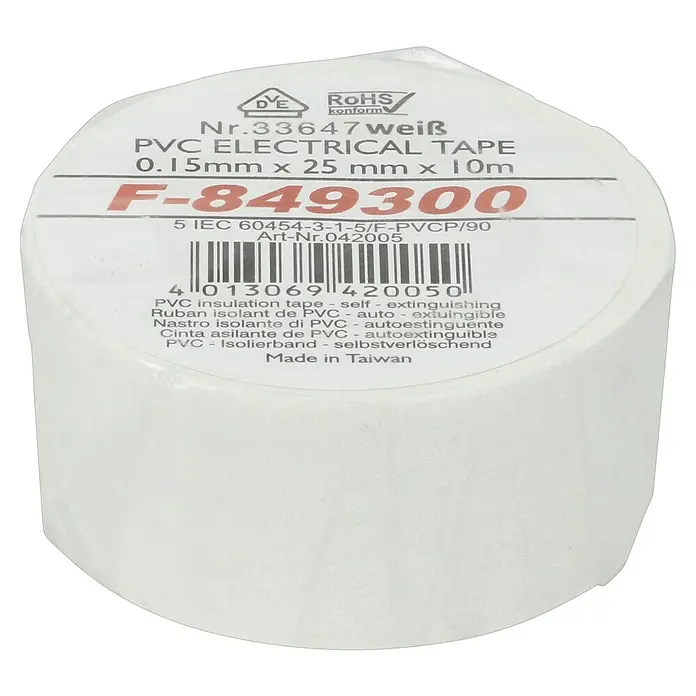 PVC-Isolierband - Weiß, 10 m, 25 x 0,15 mm - Nahaufnahme von einer Rolle weißen PVC-Isolierband mit den Maßen 0,15mm x 25mm x 10m, hergestellt in Taiwan.