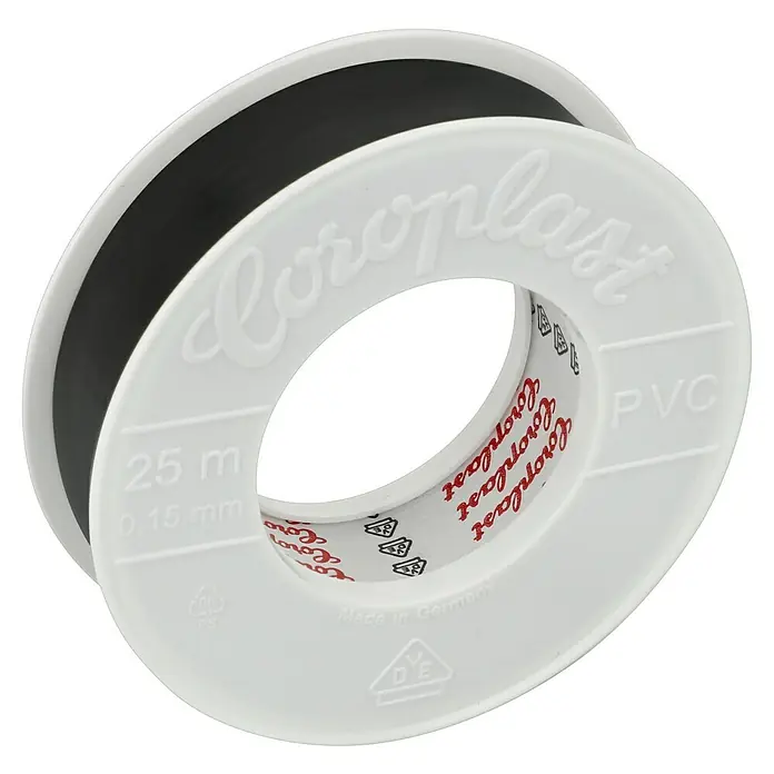 Coroplast PVC-Isolierband - 25 m x 25 mm, Schwarz - Nahaufnahme einer Rolle Coroplast PVC-Isolierband, 25 m lang, mit schwarzem Band auf einer weißen Spule.