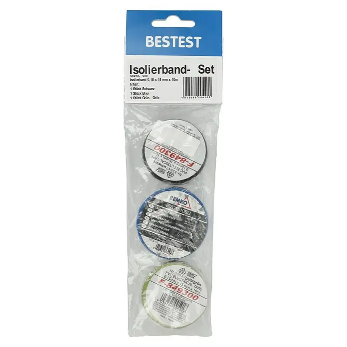 Isolierband-Set - 15 mm x 10 m, 3 Stk., Schwarz/Blau/Grün-Gelb - Isolierband-Set von BESTEST mit schwarzem, blauem und grün-gelbem Isolierband.