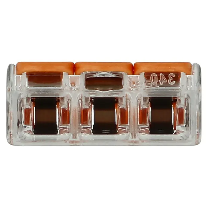 RayTech Gelmuffe Nano 3 - Schwarz, 1 Stk., IPX8 - Nahaufnahme eines dreifachen WAGO-Verbindungsstücks mit orangefarbenen Hebeln, das eine sichere und zuverlässige Verbindung gewährleistet.
