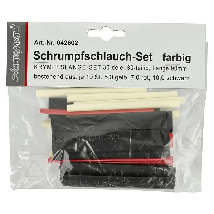 Schrumpfschlauch-Set - Durchmesser: 5 mm - 10 mm, 30 Stk., Gelb, Rot, Schwarz - Schrumpfschlauch-Set farbig von VOLTOMAT, bestehend aus 30 Teilen in Gelb, Rot und Schwarz, Länge 90mm.