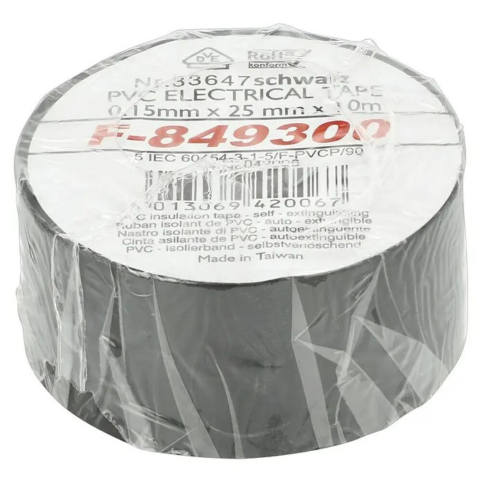 PVC-Isolierband - Schwarz, 10 m, 25 x 0,15 mm - Aufnahme von schwarzem PVC-Isolierband, selbstverlöschend, mit den Maßen 0,15 mm x 25 mm x 10 m, verpackt und bereit für den Einsatz.