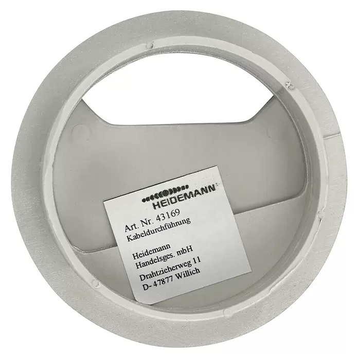 Kabeldurchführung - Silber, Durchmesser: 60 mm - Graue, runde Kabeldurchführung aus Kunststoff mit einem Informationsetikett im Inneren.