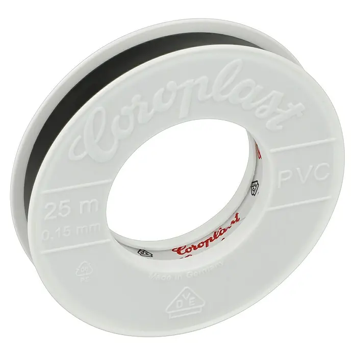 Coroplast PVC-Isolierband - 25 m x 15 mm, Schwarz - Nahaufnahme einer Rolle Coroplast PVC-Isolierband, 25 m lang, 0,15 mm dick, hergestellt in Deutschland, für elektrische Isolierung.