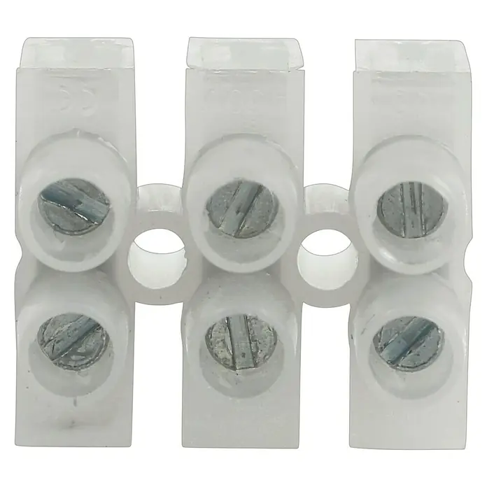 HellermannTyton Gelmuffe - Geeignet für: 3 x 0,5 bis 3 x 2,5 mm² - Nahaufnahme einer dreifachen, transparenten Lüsterklemme mit Schrauben zur Kabelverbindung.
