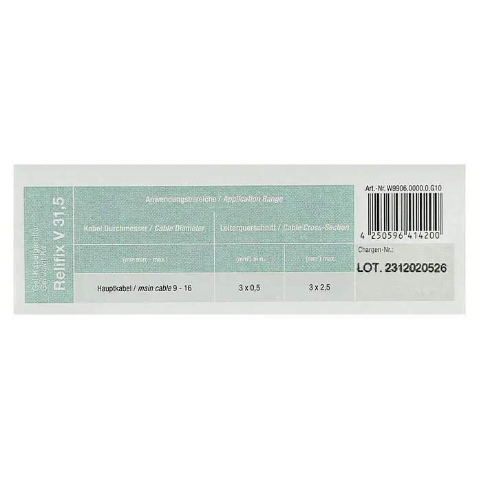 HellermannTyton Gelmuffe - Geeignet für: 3 x 0,5 bis 3 x 2,5 mm² - Produktetikett Relifix V 31,5 Gel-Kabelgarnitur mit Anwendungsbereich, Kabeldurchmesser, Leiterquerschnitt und Barcode für detaillierte Produktinformationen.