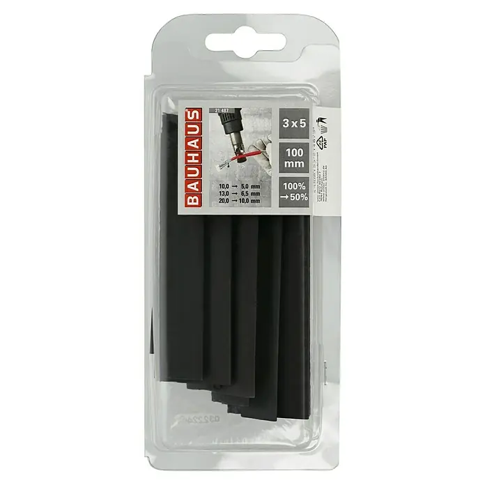 Voltomat Wärme-Schrumpfschlauch-Set - 3 -tlg., Schwarz, Schrumpftemperatur: 120 °C, Schrumpfrate: 2:1 - Schwarze Schrumpfschläuche (3x5) von Bauhaus, Länge 100mm und Schrumpfrate 100% → 50%, verpackt in durchsichtiger Kunststoffverpackung.