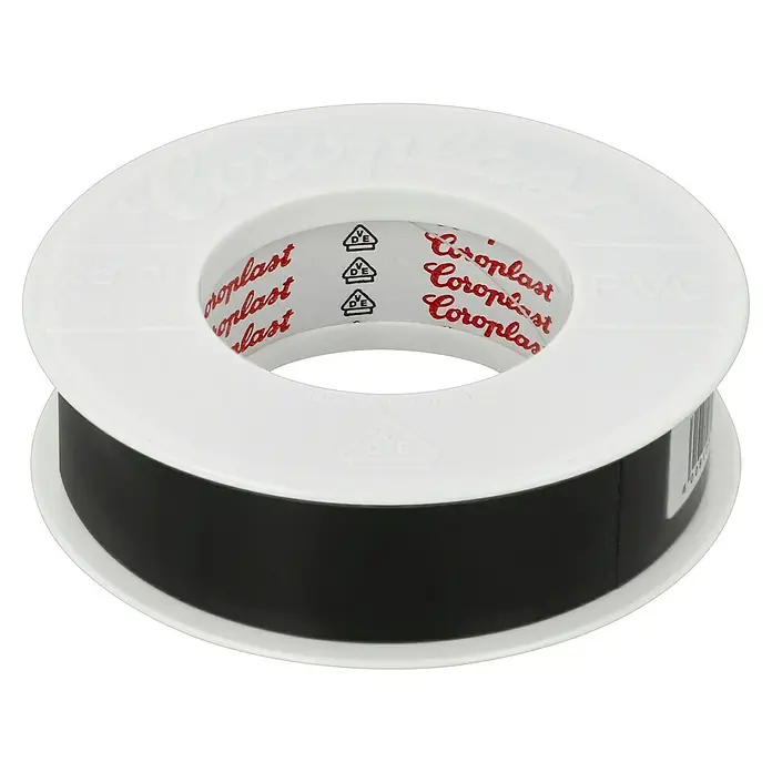 Coroplast PVC-Isolierband - 25 m x 25 mm, Schwarz - Eine Rolle schwarzes Coroplast-PVC-Isolierband mit einem weißen Kunststoffkern, ideal für elektrische Installationen und Reparaturen.