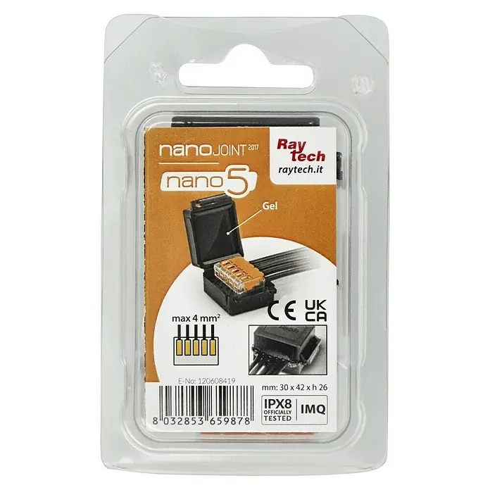 RayTech Gelmuffe Nano 5 - Schwarz, 1 Stk., IPX8 - Verpackung der Raytech Nano 5 Verbindungsmuffe mit Gel, geeignet für Kabel bis max. 4mm², IPX8-geprüft.