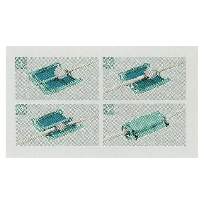 HellermannTyton Gelmuffe - Geeignet für: 3 x 0,5 bis 3 x 2,5 mm² - Montageanleitung eines blauen Kabelkanals in vier Schritten.