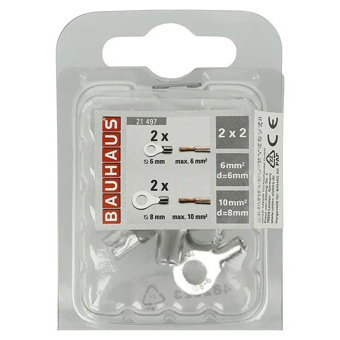 Voltomat Ring-Kabelschuhe - 4 Stk., Silber - Verpackung mit Ringkabelschuhen von Bauhaus, mit je 2 Stück in 6 mm und 10 mm Größe, ideal für elektrische Verbindungen.