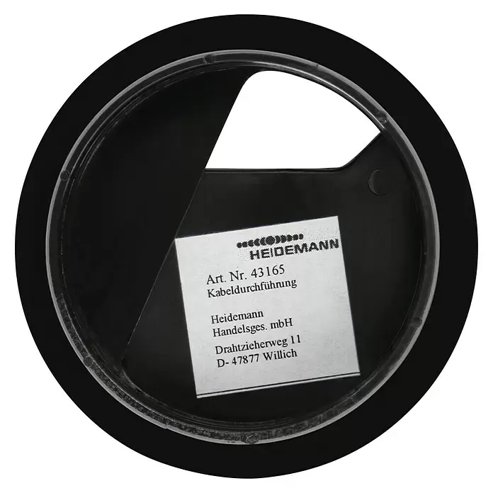 Kabeldurchführung - Schwarz, Durchmesser: 60 mm - Eine runde, schwarze Kabeldurchführung in einem transparenten Behälter mit Produktetikett.