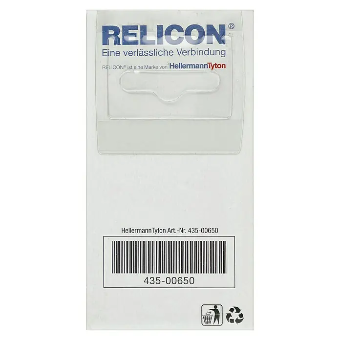 HellermannTyton Gelmuffe - Geeignet für: 3 x 0,5 bis 3 x 2,5 mm² - Produktverpackung von Relicon, einer Marke von HellermannTyton, mit der Artikelnummer 435-00650.