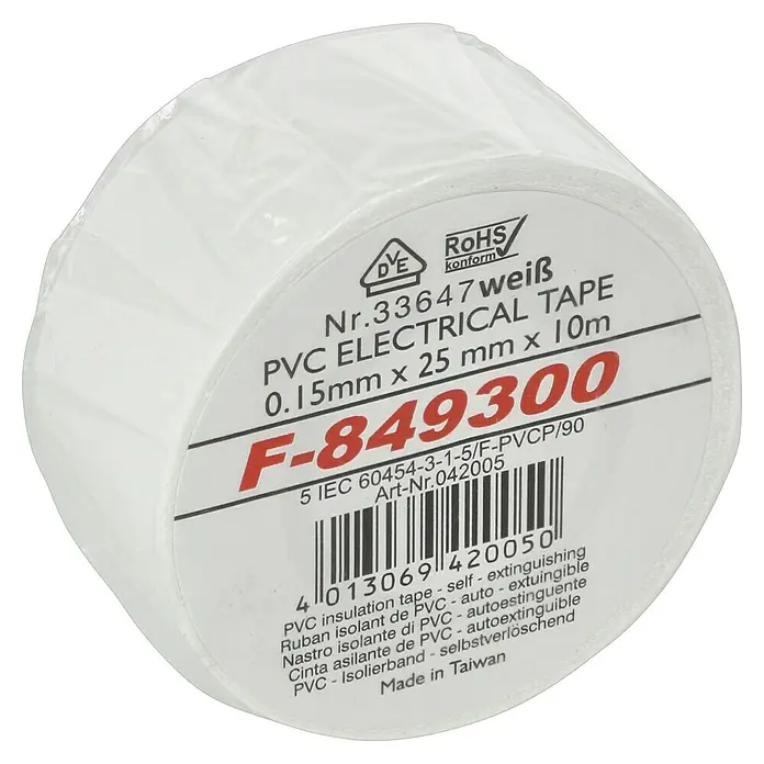 PVC-Isolierband - Weiß, 10 m, 25 x 0,15 mm - Nahaufnahme von einer Rolle weißem PVC-Isolierband mit den Maßen 0,15 mm x 25 mm x 10 m und der Artikelnummer F-849300.