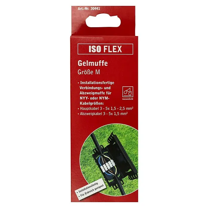 Heidemann Iso Flex Gelmuffe M - 137 x 50 x 25 mm, Trittfest - Abbildung einer ISO FLEX Gelmuffe Größe M, einer wasserdichten, installationsfertigen Verbindungs- und Abzweigmuffe für Erdreich.