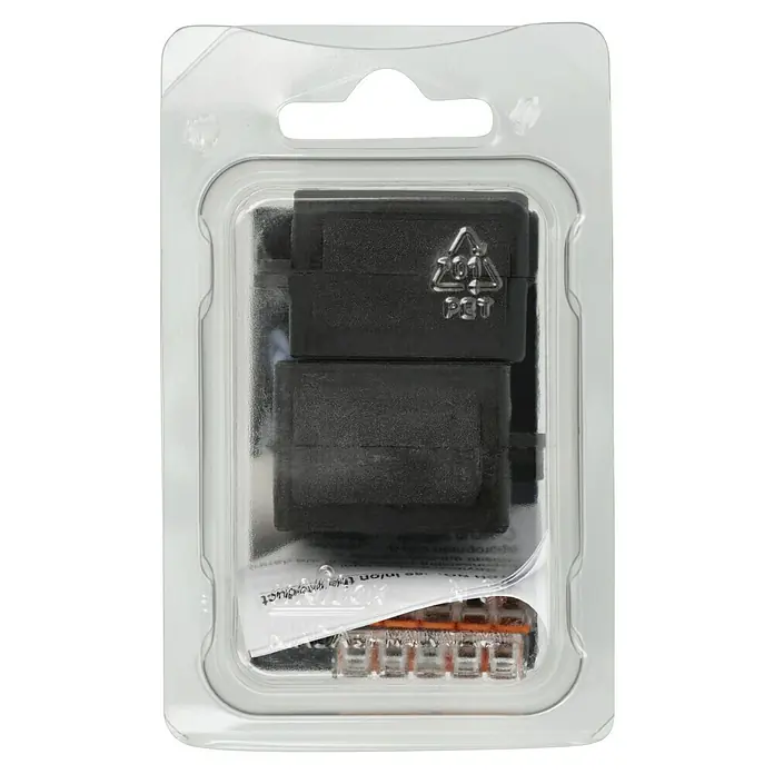 RayTech Gelmuffe Nano 5 - Schwarz, 1 Stk., IPX8 - Nahaufnahme einer transparenten Verpackung mit schwarzen Verbindungsklemmen und einer orangefarbenen Lüsterklemme im Inneren.