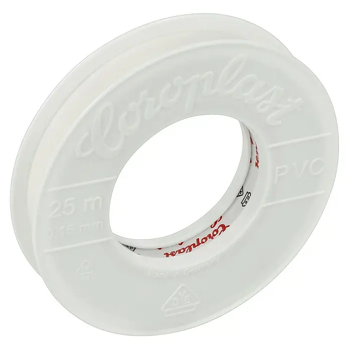 Coroplast Isolierband - Weiß, 25 m x 15 mm x 0,15 mm - Nahaufnahme eines Coroplast PVC-Isolierbandes auf einer weißen Spule. Ideal für elektrische Installationen und Reparaturen mit 25m Länge und 0.15mm Dicke.