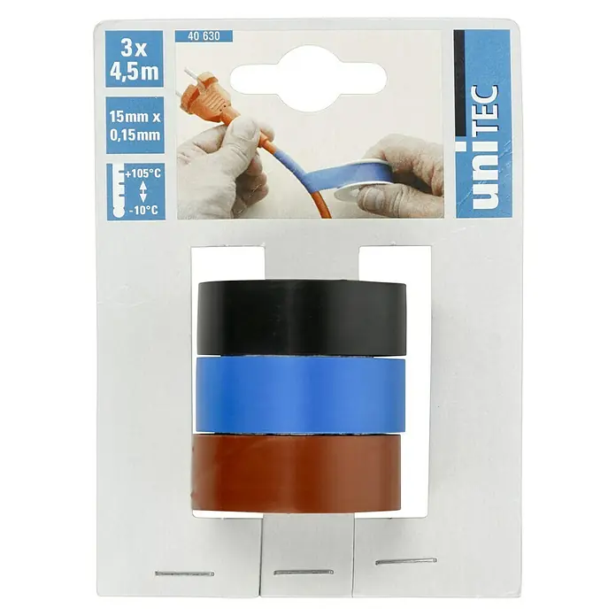 Coroplast Isolierband-Set - 15 mm x 4,5 m, 3 Stk., Braun, Blau, Schwarz - Abbildung eines Unitec Isolierband-Sets, bestehend aus drei Rollen in Schwarz, Blau und Braun, verpackt zur einfachen Verwendung.