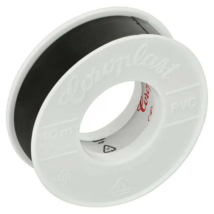 Coroplast PVC-Isolierband - 10 m x 15 mm, Schwarz - Nahaufnahme einer Rolle Coroplast PVC-Isolierband in Schwarz auf einer weißen Spule mit Produktinformationen.