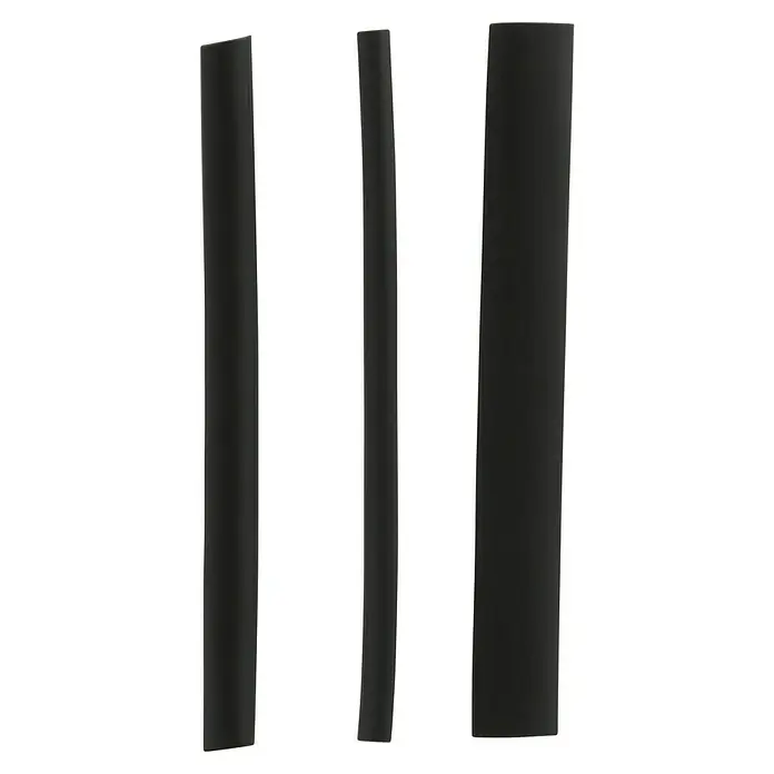 Voltomat Wärme-Schrumpfschlauch-Set - 4 -tlg., Schwarz, Schrumpftemperatur: 120 °C, Schrumpfrate: 2:1 - Drei schwarze rechteckige Streifen, wahrscheinlich Zubehör für ein elektronisches Gerät, vor einem schwarzen Hintergrund dargestellt.