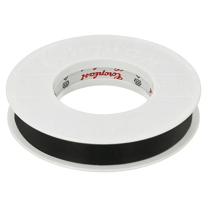 Coroplast PVC-Isolierband - 25 m x 15 mm, Schwarz - Nahaufnahme einer Rolle Coroplast Isolierband, das für elektrische Installationen verwendet wird.