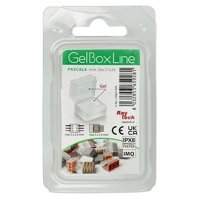 RayTech Gelmuffe Pascal 6 - Weiß, 2 Stk., IPX8 - Das GelBox Line PASCAL6 mm 36x37x26 Produkt in transparenter Verpackung, das die Klemmen schützt und isoliert.