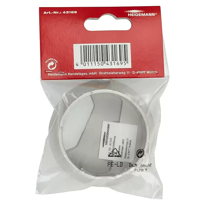 Kabeldurchführung - Silber, Durchmesser: 60 mm - Klare Kunststoffverpackung mit einem silbernen Metallrohrverbinder.