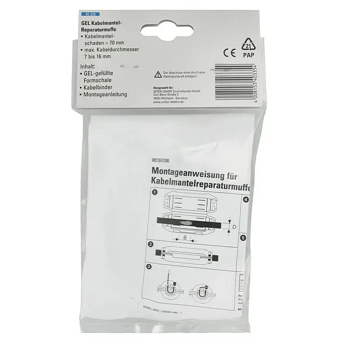 Gelmuffe - Passend für: Kabel 7-16 mm² - Verpackung der GEL Kabelmantel-Reparaturmuffe mit Montageanleitung, geeignet für Kabelmantelschäden bis 70 mm und Kabeldurchmesser 7-16 mm.