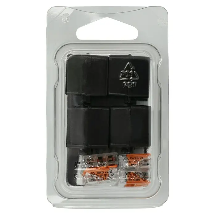 RayTech Gelmuffe Nano 3 - Schwarz, 1 Stk., IPX8 - Eine Packung mit schwarzen Endkappen und orangefarbenen Kabelklemmen in einer durchsichtigen Kunststoffverpackung mit Aufhängelasche.