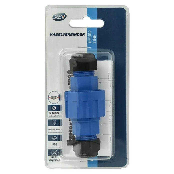 REV Kabelverbinder - Blau/Schwarz, Ø x L: 40,5 x 100 mm, IP68 - Eine Detailaufnahme eines REV Basic-Line Kabelverbinders, der in einer transparenten Kunststoffverpackung präsentiert wird.