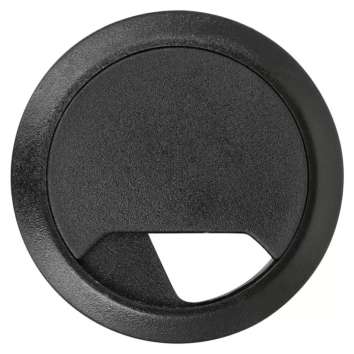 Kabeldurchführung - Schwarz, Durchmesser: 60 mm - Rundes, schwarzes Kunststoff-Kabeldurchlass mit strukturierter Oberfläche und beweglicher Öffnung zur Kabelführung.