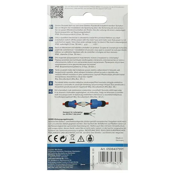 REV Kabelverbinder - Blau/Schwarz, Ø x L: 40,5 x 100 mm, IP68 - Produktverpackung mit Sicherheitshinweisen und Informationen zur Elektroinstallation, WEEE-Entsorgung und Herkunft.