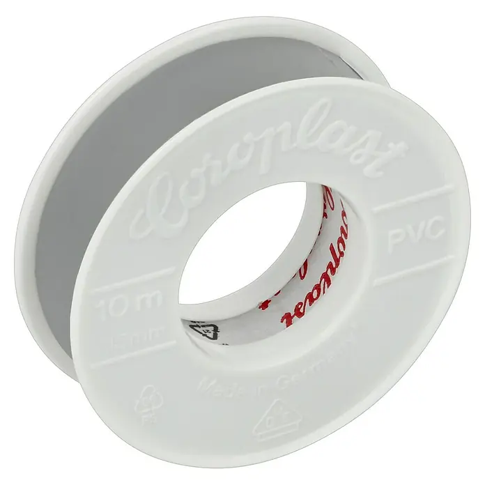 Coroplast Isolierband - Grau, 10 m x 15 mm x 0,15 mm - Nahaufnahme einer Rolle Coroplast PVC-Isolierband, ideal für Elektroinstallationen und Reparaturen mit 10 m Länge und 15 mm Breite.