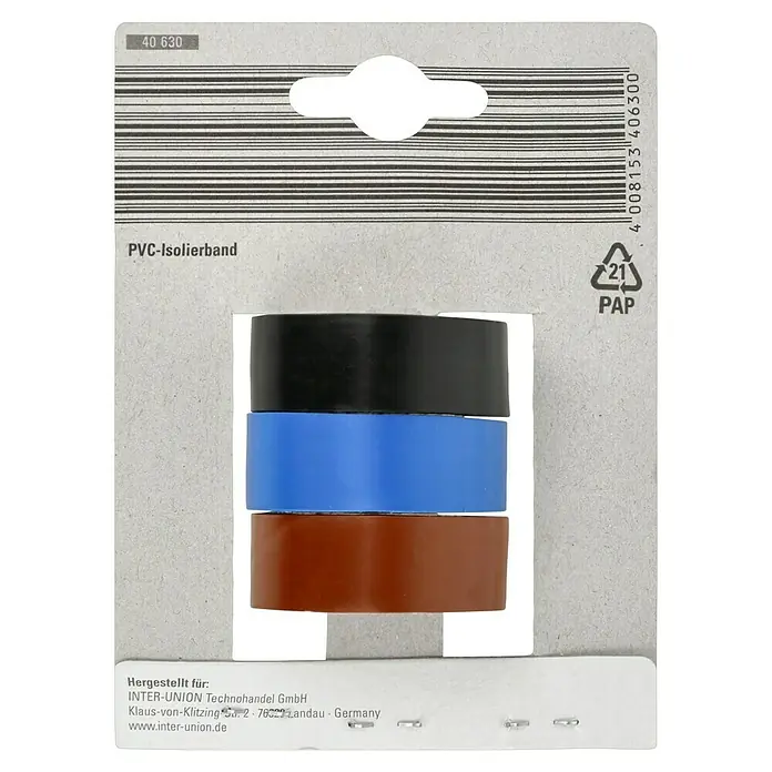 Coroplast Isolierband-Set - 15 mm x 4,5 m, 3 Stk., Braun, Blau, Schwarz - Isolierband-Set in Schwarz, Blau und Braun auf einer Pappkarte mit Herstellerinformationen und Barcode.