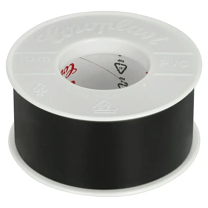 Coroplast PVC-Isolierband - 10 m x 25 mm, Schwarz - Eine Rolle schwarzes Isolierband mit einem weißen Kunststoffkern, der die Marke zeigt.