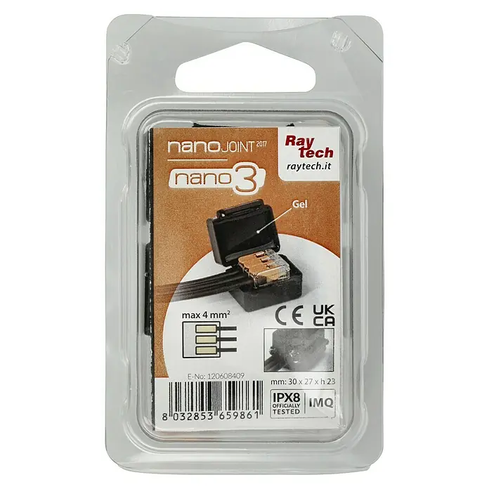 RayTech Gelmuffe Nano 3 - Schwarz, 1 Stk., IPX8 - Ein Nano Joint 2017 Nano 3 Gel-Verbinder von Raytech in transparenter Verpackung, ideal für sichere elektrische Verbindungen.